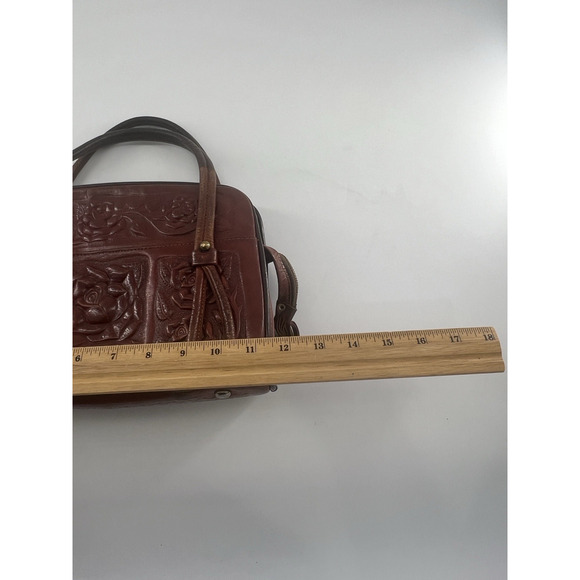 Vtg Aztec Hand Tooled Brown Leather Satchel Purse Mexico Mayan Boho Bag Roses - Picture 12 of 16